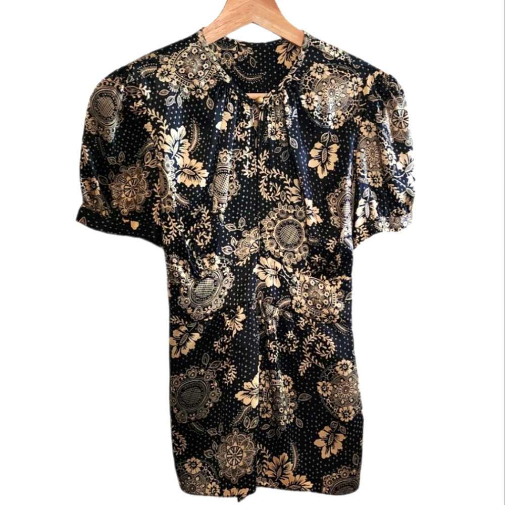 Wendy Hil Silk Keyhole Fitted Office Party Top sz M black gold